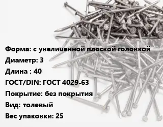 Гвоздь с увеличенной плоской головкой 3х40 ГОСТ: ГОСТ 4029-63 без покрытия толевый 25